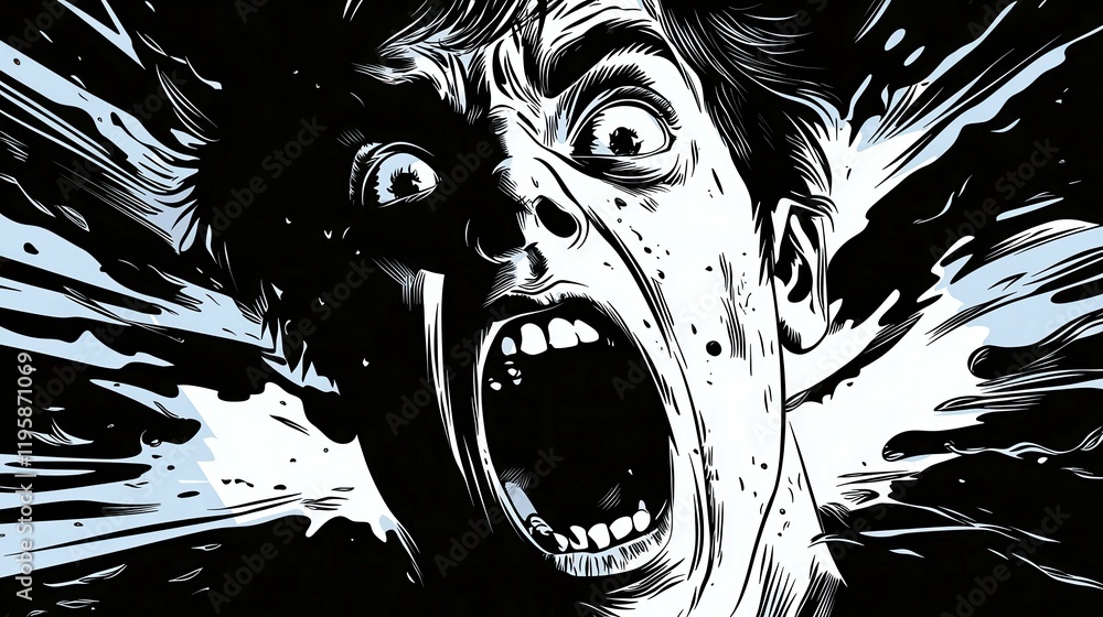 Poster intense expression of fear and anger with dynamic black and white contrast conveying raw emotion and
