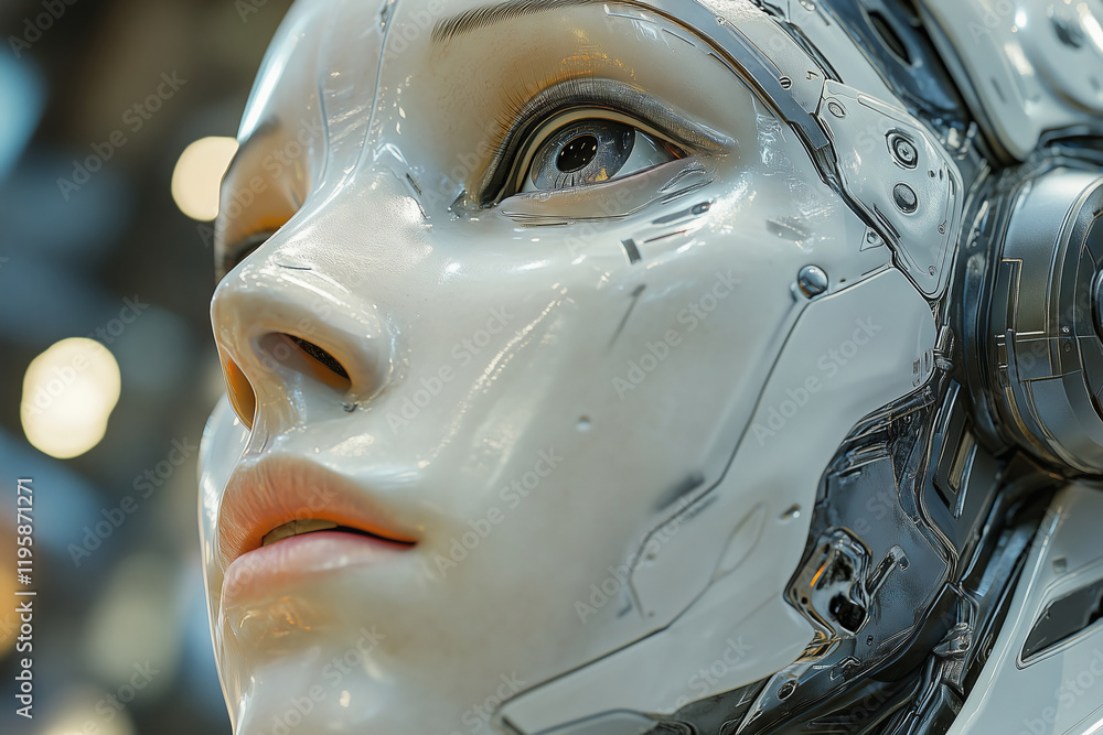 Poster Close-up view of a humanoid robot face expressing complex emotions in soft light
