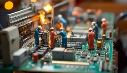 Image showcasing an electronics assembly line with workers carefully soldering and testing various circuit board components.