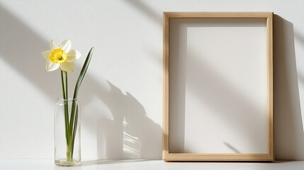 Minimalistic scene featuring daffodil in slender vase beside an