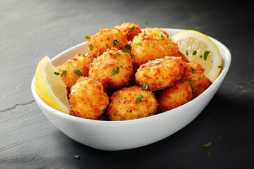 Crispy golden bites served in a white bowl with fresh lemon wedges and garnished with parsley