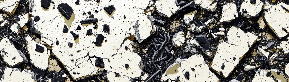 Aufkleber close-up of cracked white and black textured surface with exposed dark objects and fragmented pieces
