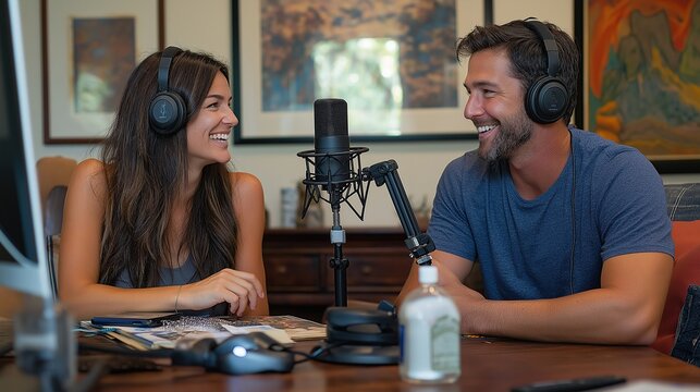 A man and woman are sitting at a table, wearing headphones in front of microphones for podcasting or recording. They are talking on air with a smile in a modern home office setting