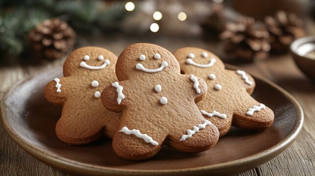 A minimalistic arrangement of gingerbread cookies shaped like gingerbread men on a rustic plate, surrounded by festive decorations