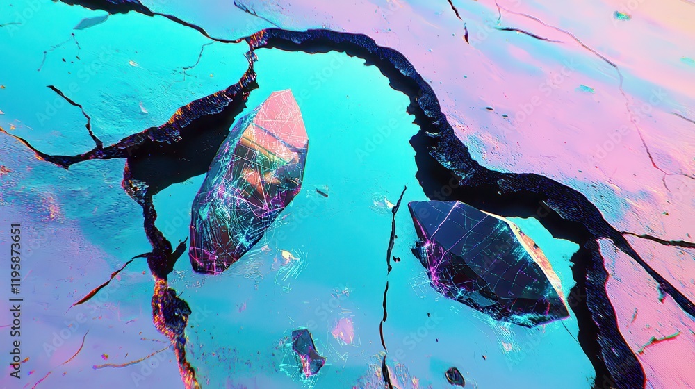 Poster vibrant and abstract crystals on a colorful surface with cracks, ideal for use in fantasy or sci-fi 