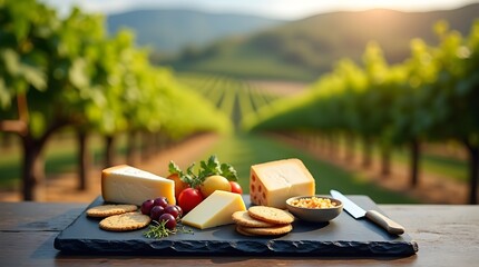 Weathered slate table with artisanal cheeseboard and silver knife. Vineyard bokeh landscape background.
