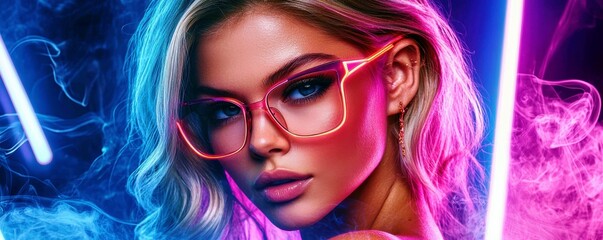 Obraz premium Stylish woman in neon glasses with vibrant lighting and smokey background, showcasing modern fashion and bold beauty in urban nightlife setting