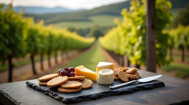 Weathered slate table with artisanal cheeseboard and silver knife. Vineyard bokeh landscape background. - Powered by Adobe