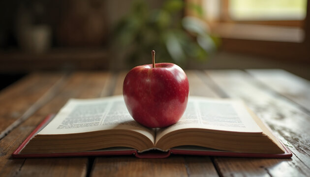 Fresh red apple sitting on an open book on a rustic wooden table with warm natural light
