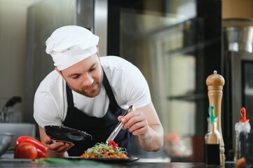 Closeup of a concentrated male chef garnishing food in the kitchen