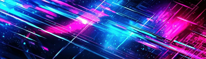 Abstract vibrant neon lights background with dynamic lines, glowing elements, and energetic waves in pink, purple, and blue tones