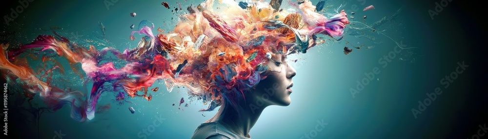 Poster surreal representation of creative thoughts and imagination with vibrant colors and abstract element