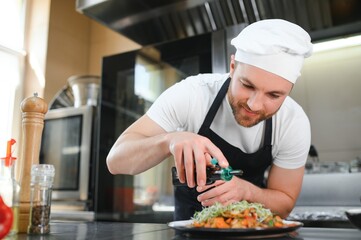 Chef of a Big Restaurant Prepares Dishes. Modern Kitchen is Made of Stainless Steel and Full of Cooking Ingredients
