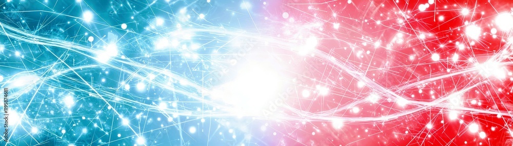 Poster abstract background with luminous glowing lines and sparkling particles in blue and red colors creat
