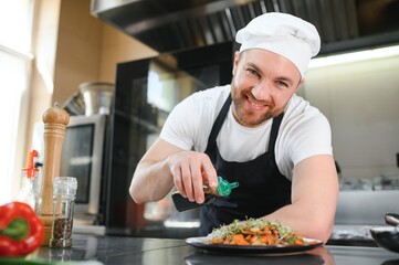 Portrait of happy caucasian male chef standing in restaurant kitchen, copy space