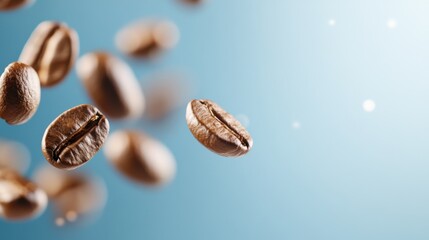 Fototapeta premium Floating roasted coffee beans with a smooth, blue blurred background create a sense of freshness and aroma.