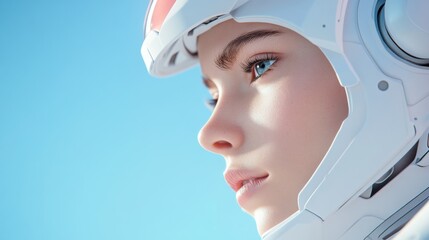 A close-up portrait of a female android with a futuristic helmet against a clear sky, showcasing smooth robotic features and a serene expression.