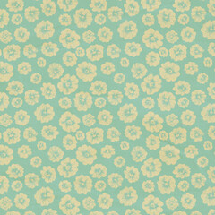 Seamless vintage-style floral pattern with soft yellow flowers on a mint green background. Retro botanical design ideal for fabric, wallpaper, and crafts.