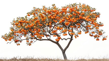 A persimmon tree with orange fruit isolated on white background