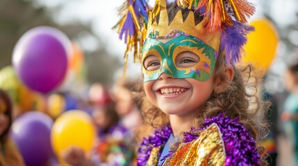 Joyful children wearing vibrant carnival masks and face paint celebrate Mardi Gras, surrounded by colorful balloons and streamers in a park setting
