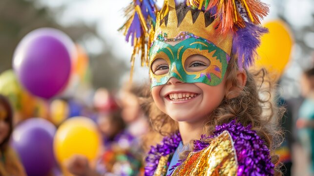 Joyful children wearing vibrant carnival masks and face paint celebrate Mardi Gras, surrounded by colorful balloons and streamers in a park setting