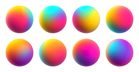 Set of colorful gradient spheres with vibrant and vivid rainbow hues for creative digital artwork designs. Colorful matte spheres set with blurred colors for creative projects. Vector illustration