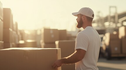 A worker in a white cap and shirt is moving boxes outdoors in a sunlit area. The background shows stacked boxes and a hazy industrial setting.