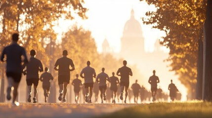 Fototapeta premium A group of runners jogs through a sunlit park during sunrise, surrounded by autumn trees, casting long shadows on the path.