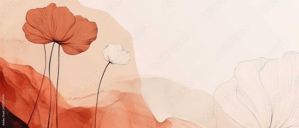 Poster elegant botanical art with soft red poppies minimalist background and flowing lines embodying a mode