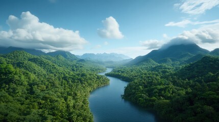 Aerial view of the Amazon Rainforest showcasing a lush, green canopy and a winding river under a clear blue sky with scattered clouds.