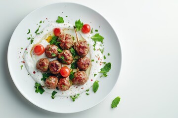 Savory meatballs served on a bed of creamy sauce garnished with fresh herbs and cherry tomatoes