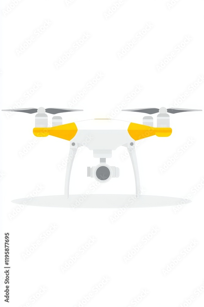 Poster white drone with yellow propeller guards on a minimal background designed for modern technology them