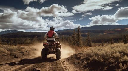 Racing on a quad bike on a dirt road in the mountains