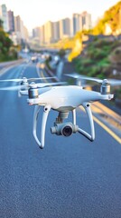 Sleek drone flying over a modern urban road at sunrise highlighting cutting edge technology innovation in transportation and a futuristic view of cityscapes in a vibrant composition