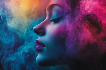 Fototapeta premium Colorful smoke envelops a profile creating a dramatic artistic expression