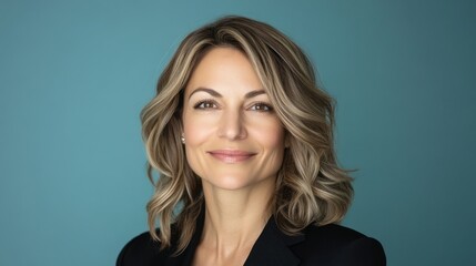 Fototapeta premium A portrait of a smiling middle-aged woman with wavy, shoulder-length hair against a teal background, exuding confidence and warmth.