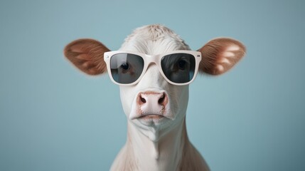 A cow poses in front of a blue background, wearing stylish sunglasses. The playful image creates a humorous and quirky vibe.