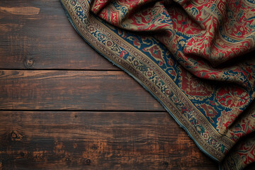 A red and blue oriental rug is laying on a wooden table