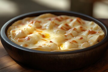 Creamy and cheesy pasta dish served in rustic bowl on wooden table at cozy restaurant during late afternoon