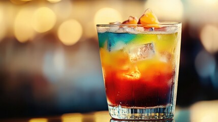 Closeup of colorful cocktail with vibrant layered reflections