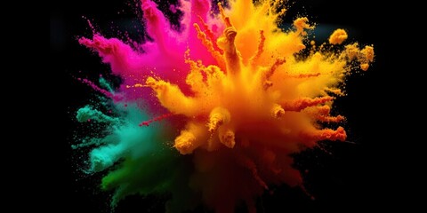 Bright colors burst across the dark background, capturing the essence of Holi celebrations with colorful powders symbolizing joy and togetherness in spring festivities