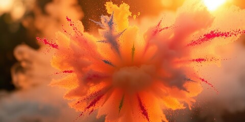 Fototapeta premium A colorful explosion of Holi powders fills the air as people celebrate with joy during sunset, creating a stunning backdrop of vibrant colors and fun