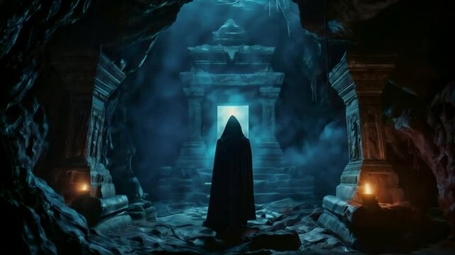 Dark lord stands in ancient evil temple. Creepy visions of hell. VJ and music video clips.