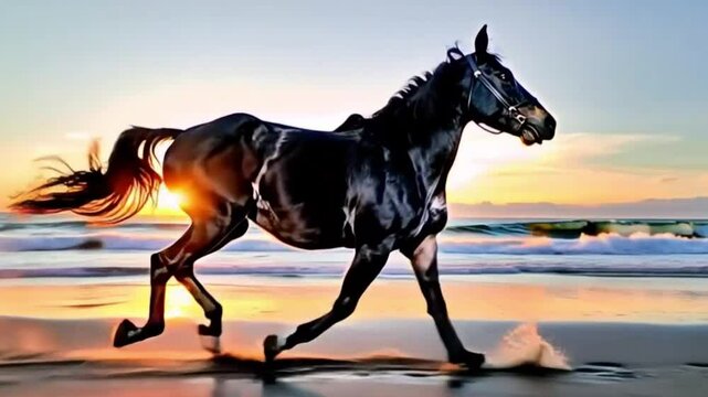 A majestic black horse galloping across the beach at sunrise, with the ocean waves crashing beside it.