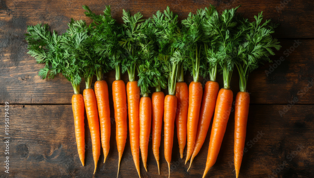 Aufkleber a bunch of carrots are lined up on a wooden table. the carrots are all different sizes and are all p