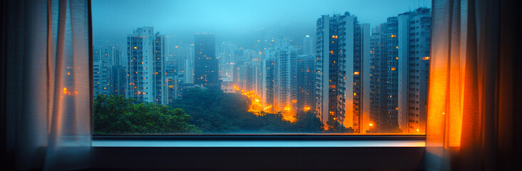 A city view with a window open to the city. The city is lit up with lights and the window is open to let in the cool breeze