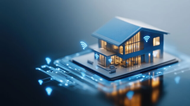 A modern house model connected to a digital network, illuminated with neon lines, representing smart technology and futuristic living.