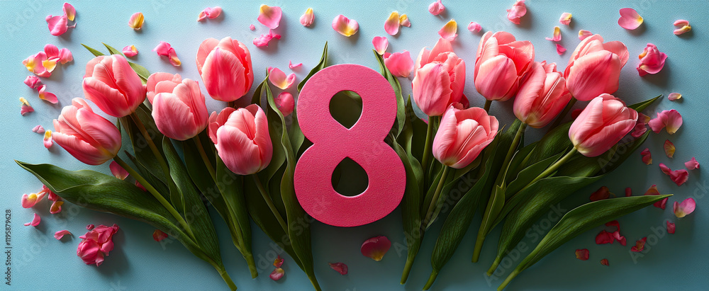 Poster Pink flowers with a pink number 8 in the middle. The flowers are arranged in a row and the number 8 is surrounded by them