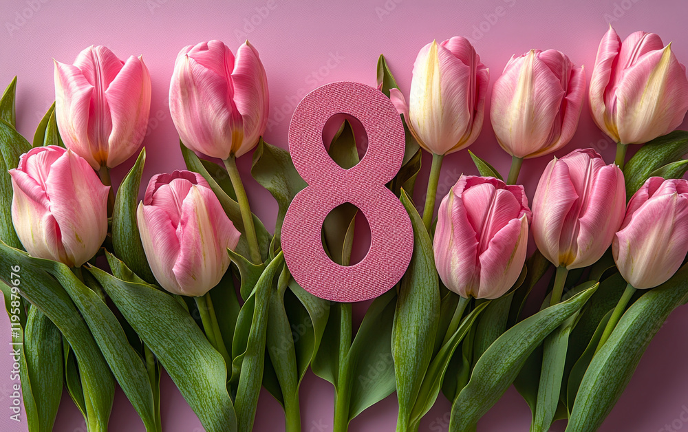 Poster a bouquet of pink flowers with a pink number 8 in the middle. the flowers are arranged in a row and 