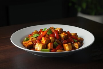 Sizzling tofu dish with vibrant vegetables served on a rustic wooden table during a cozy evening
